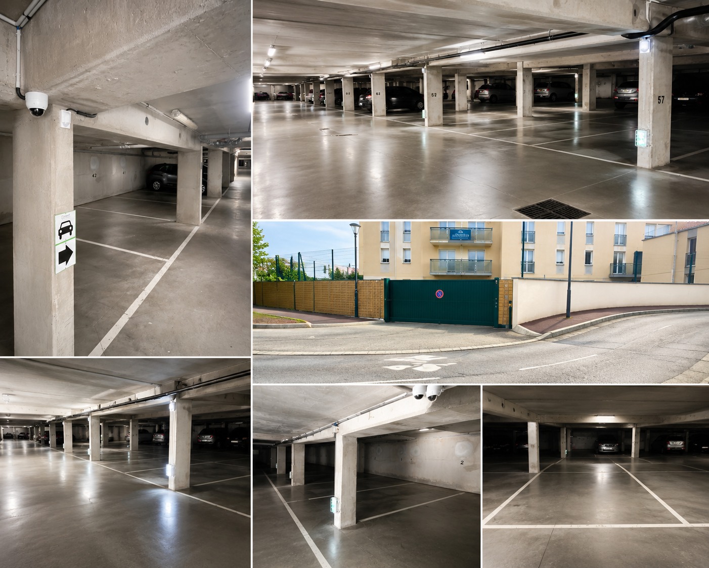 Vues multiples du parking Sky Valet : accès contrôlé, vidéosurveillance et signalétique